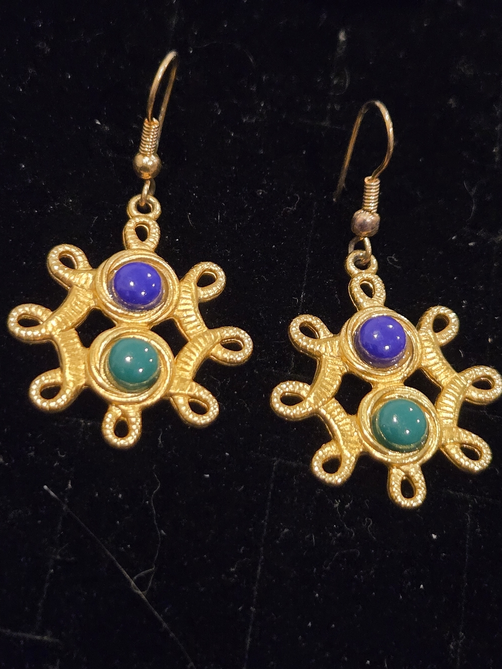 Gold-Tone Dangle Earrings with Blue and Teal Cabochons